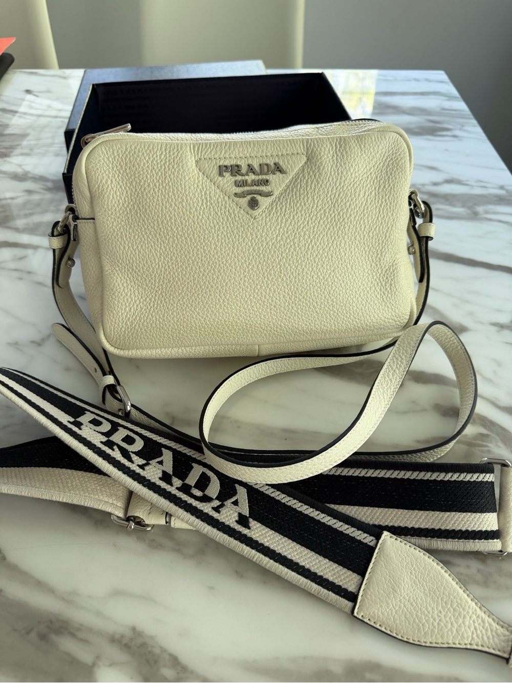 Prada Soft White Leather Crossbody Bag with Logo and Adjustable Leather strap